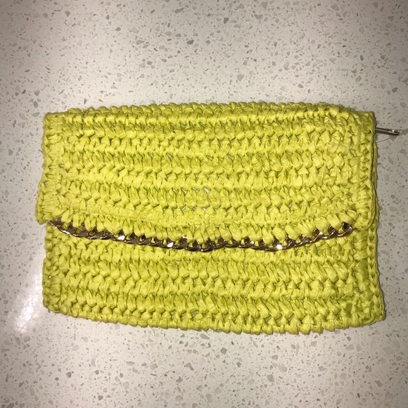 H&M Handbags - NWOT Woven Chartreuse Clutch w/ Gold Detail